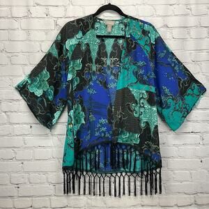 Chico’s Kimono Women's Size 0 (XS/4) Blue/Green Oriental Print Fringe Trim Sheer